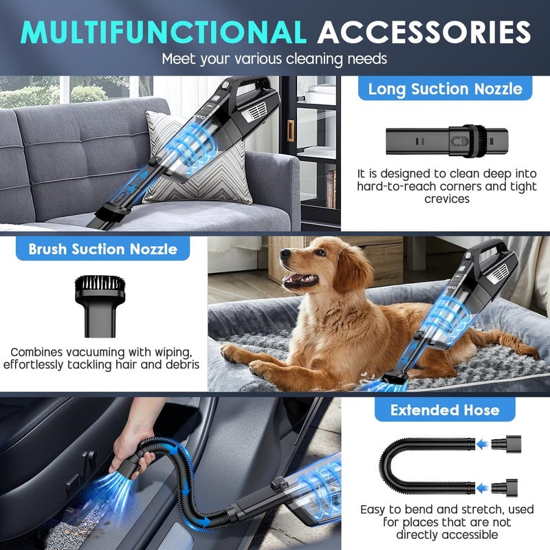 CKIKU Handheld Vacuum Cordless, 15000PA Strong Suction Hand Held Car Vacuum Cleaner Portable with Multi-Nozzles & Washable Filter, Lightweight Dust Busters Rechargeable for Home, Car, Office, Pets - Image 3